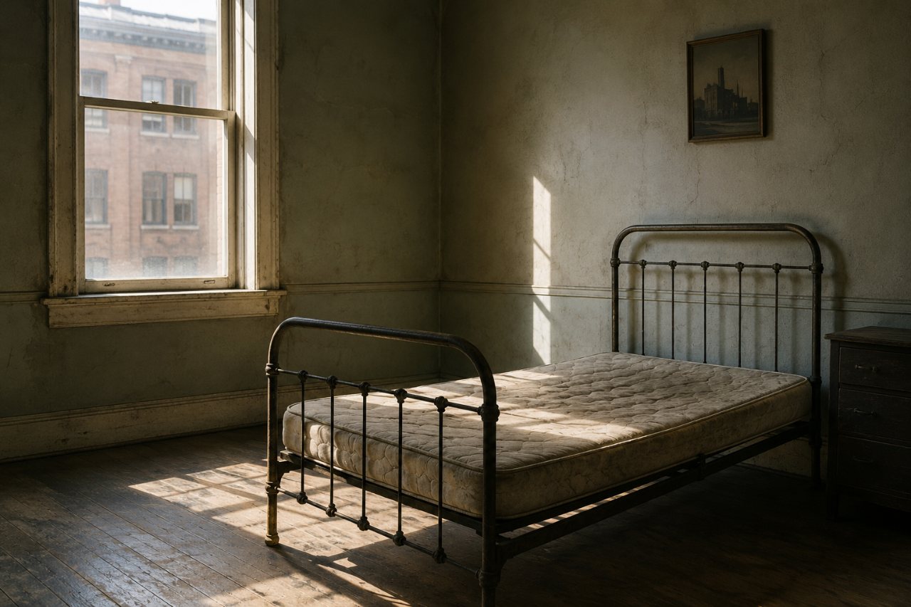A vintage iron-frame bed with a bare old mattress in an empty room